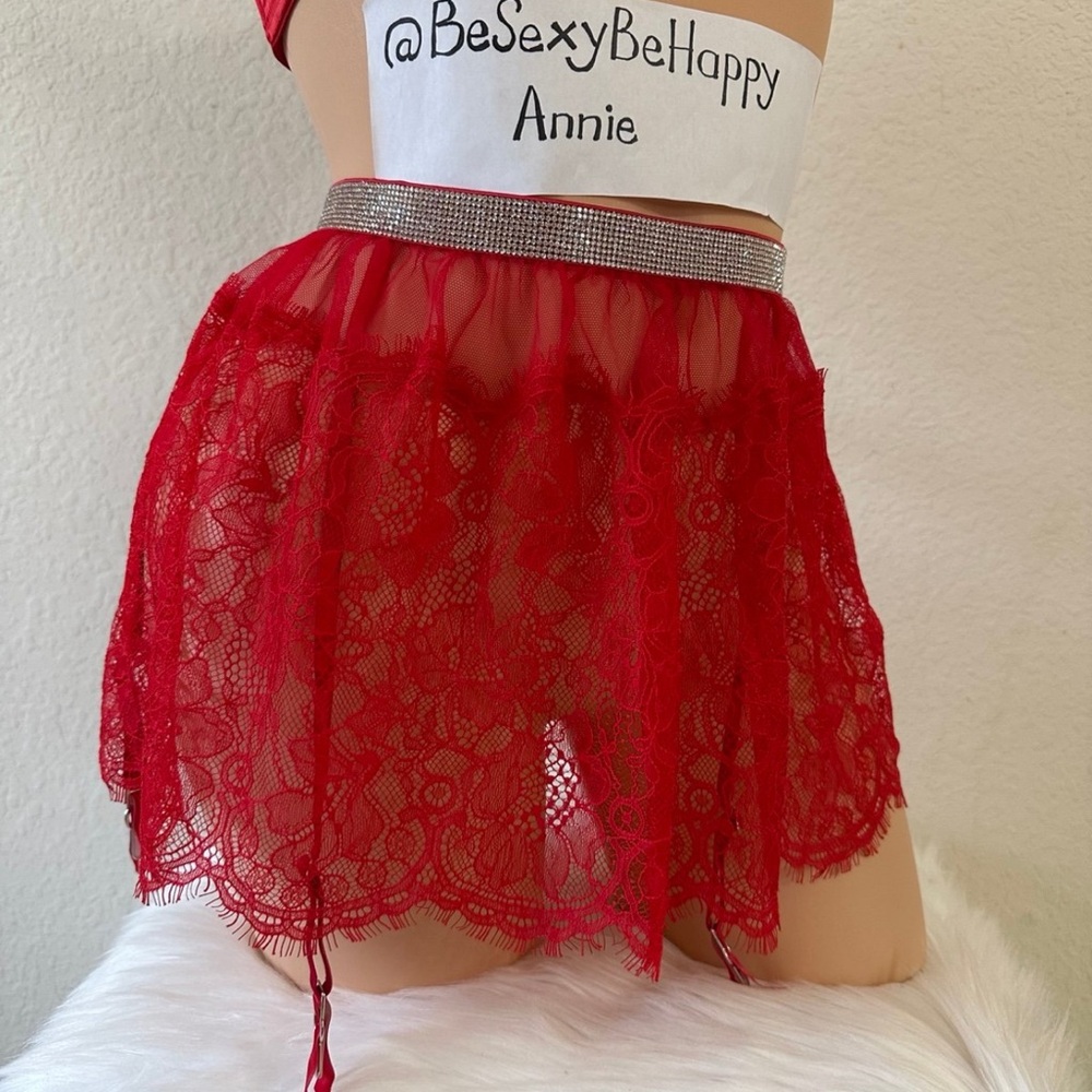 XS/S, M/L Victoria’s Secret Red Lace Skirt with Rhinestone Belt
